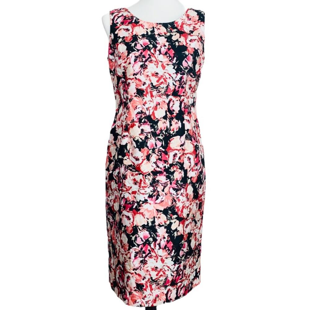 Jones Studio Dress Black Pink Floral Sheath Sleeveless Crew Neck Women's Size 4 - Picture 10 of 10